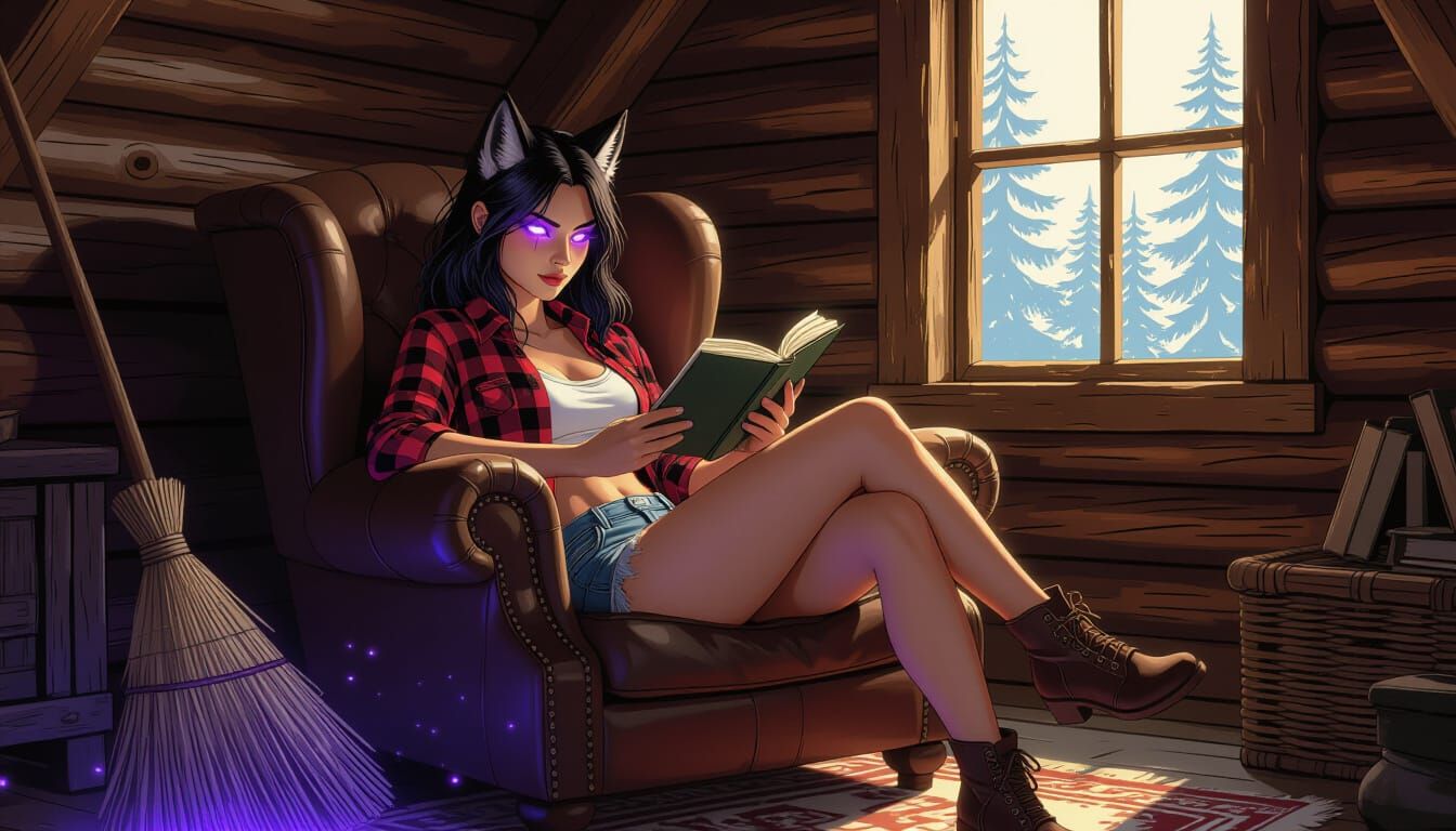 Chinese Woman-Wolf Hybrid Reads by Lantern Light