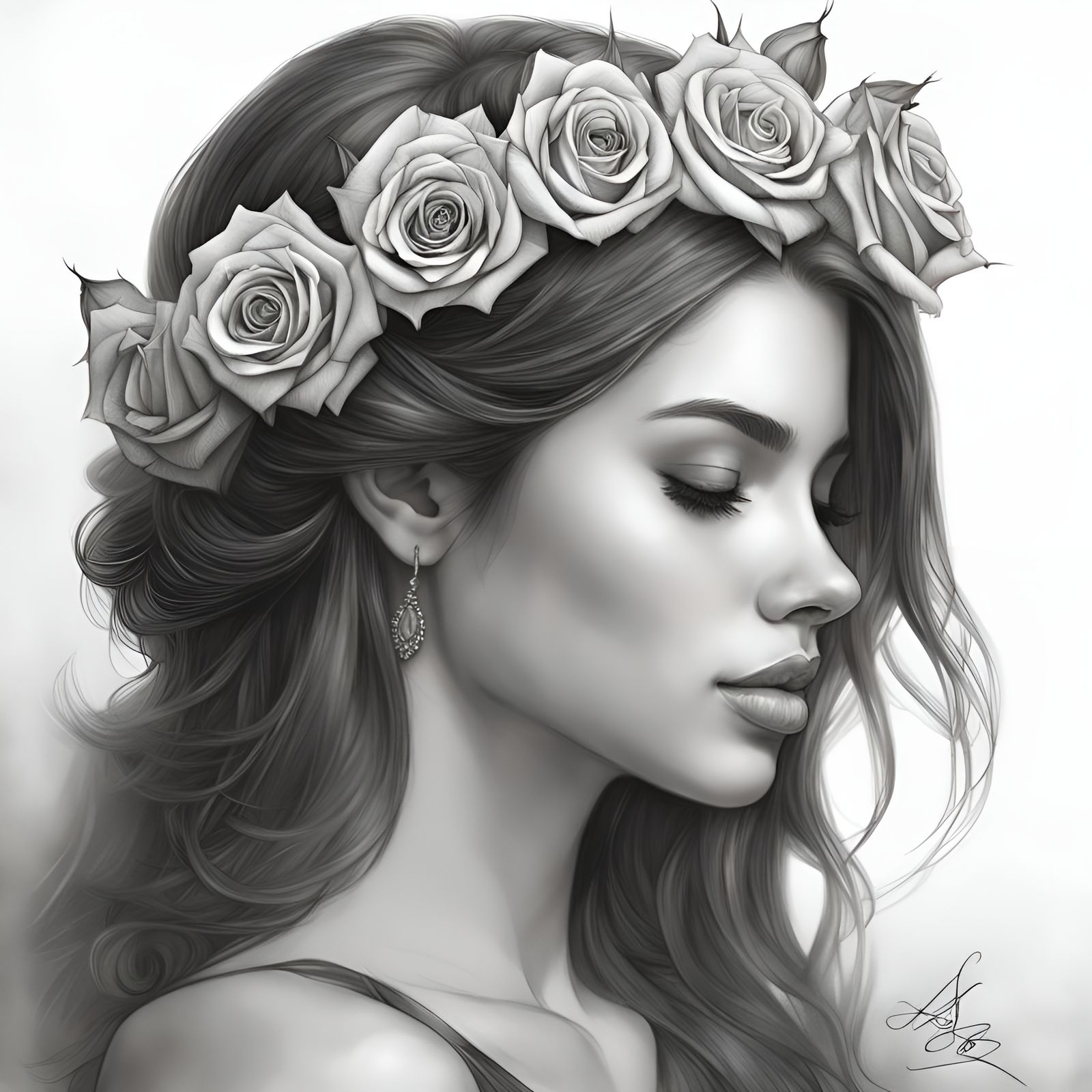 Brunette Woman with Rose Crown, Digital Illustration