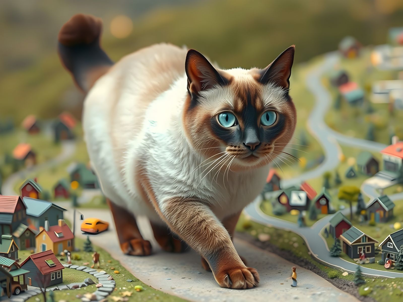 Giant Siamese Cat Explores Miniature World in Photorealistic...
