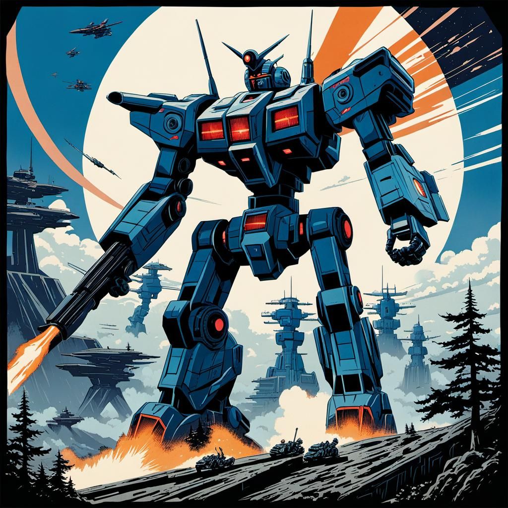 Giant Robot Mecha Battle in Retrofuturist Woodcut Style