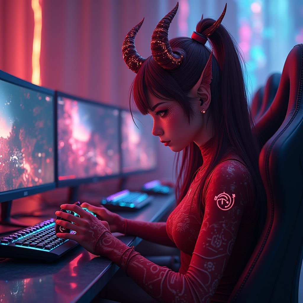 Digital Demon Gamer in Neon-Lit Lair