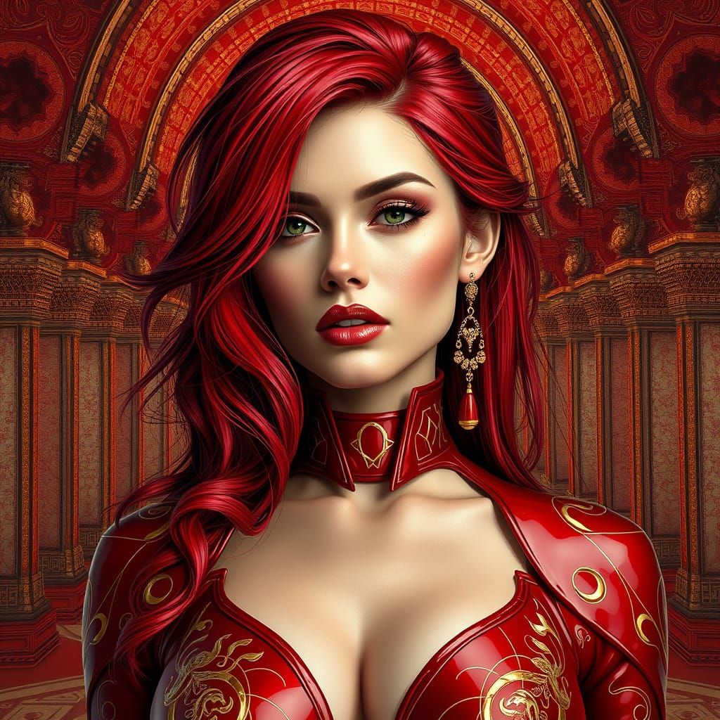 Crimson and Gold Latex Woman in Escher-Style Architecture