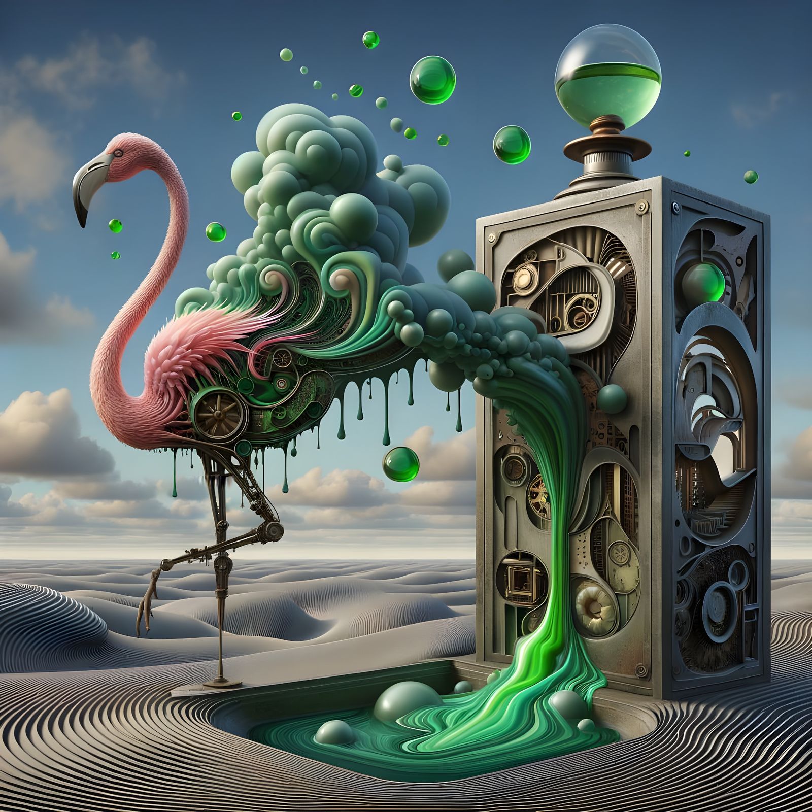 Steampunk Monolith With Emerald Fire Flamingo
