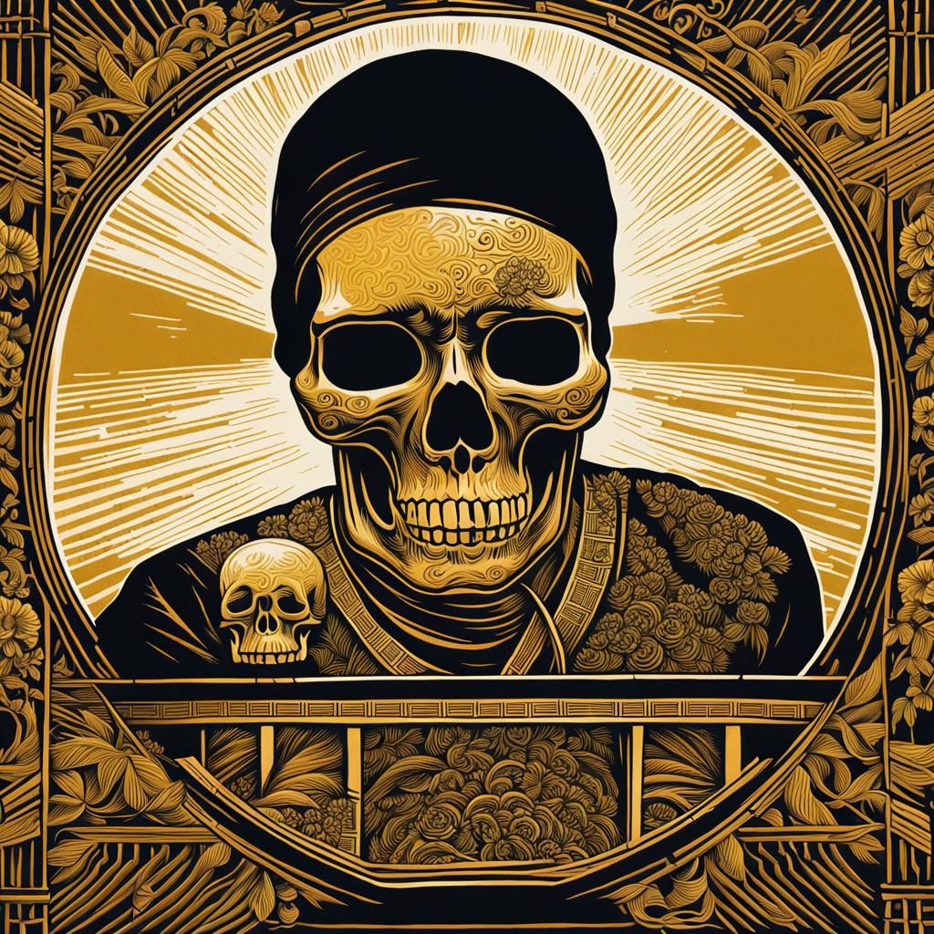 Golden Skull Tattoo Linocut with Sunrays