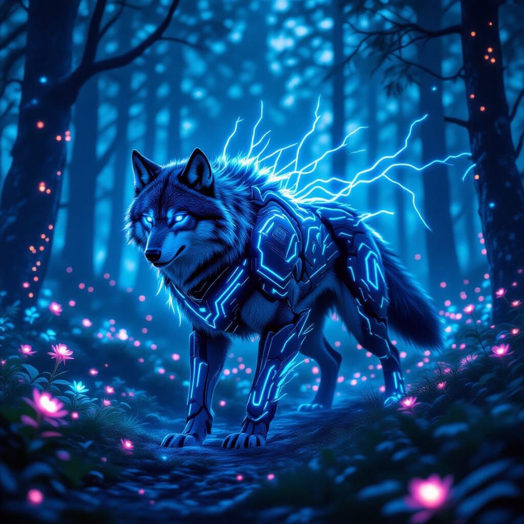 Cyberpunk Wolves Prowl Bioluminescent Forest