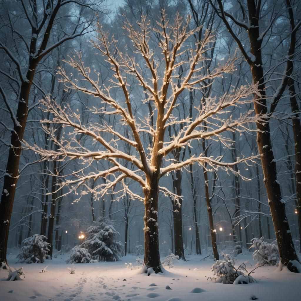 Christmas Lights on Frosty Winter Tree