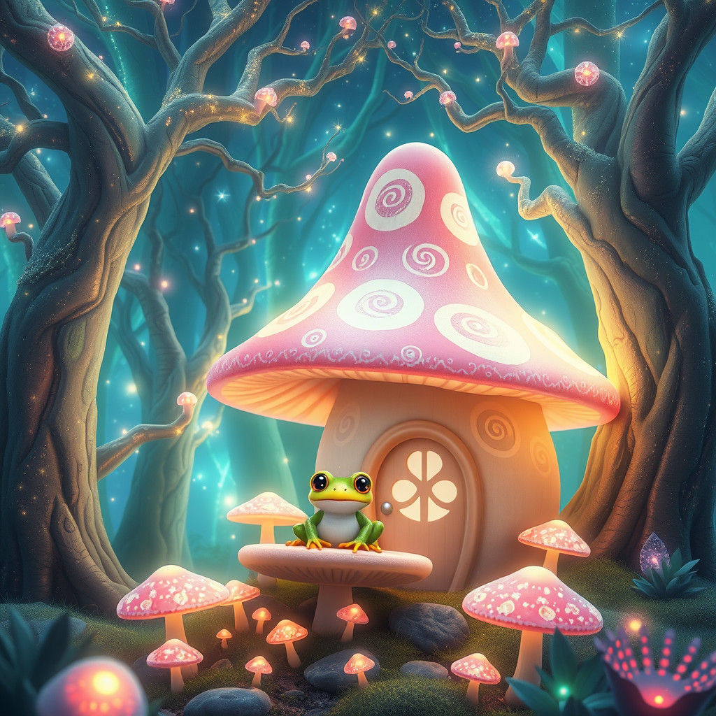 Enchanted Mushroom House in Bioluminescent Forest