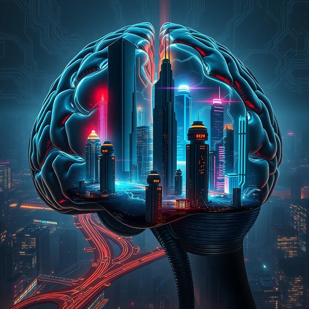 Cyberpunk Cityscape Inside Human Brain: Digital Art