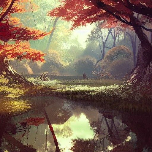 Autumn Forest Pond in Anime Art Style