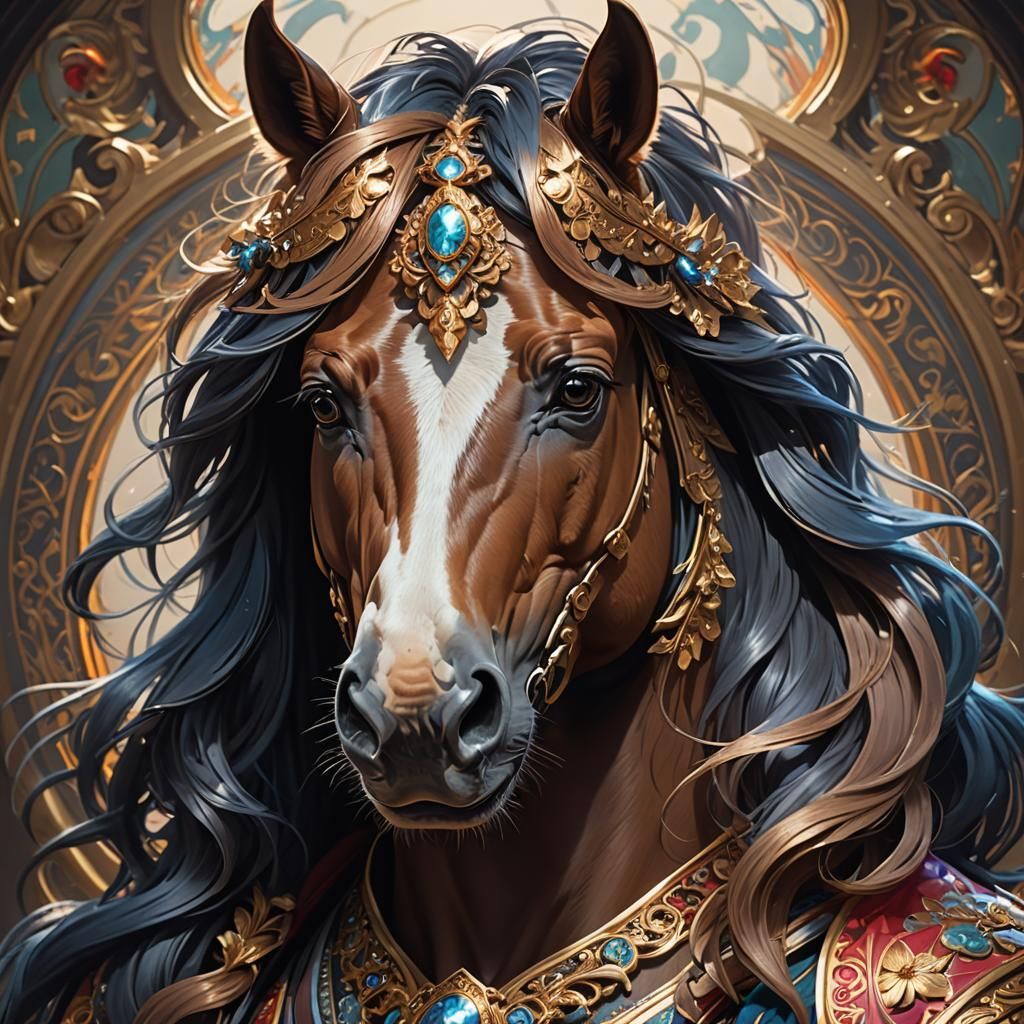 Hyperdetailed Horse Portrait in Art Nouveau Style