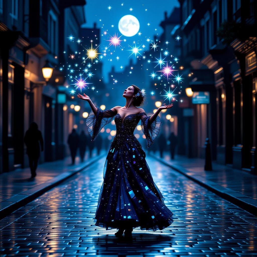 Glass Gown Performer Juggles Starlight Orbs in Dreamlike Sce...