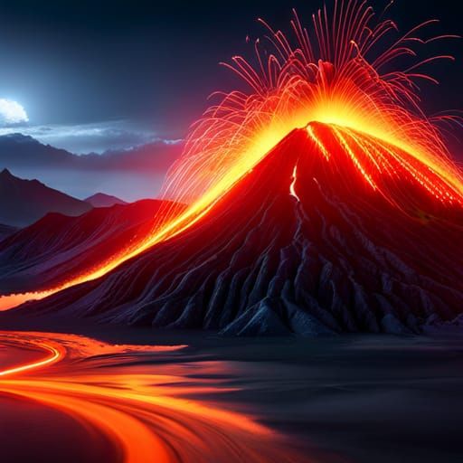 volcano eruption, lava flow, island community, survival, sacrifice, nature, themes ,3D Game Cinematic Feel, Epic 3D Vide...