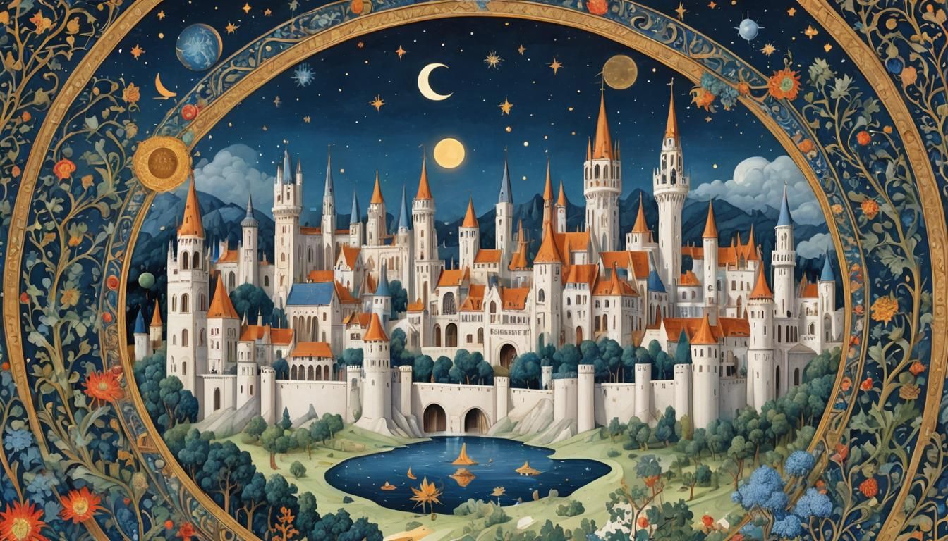 Medieval Manuscript Style Cosmic City in Space