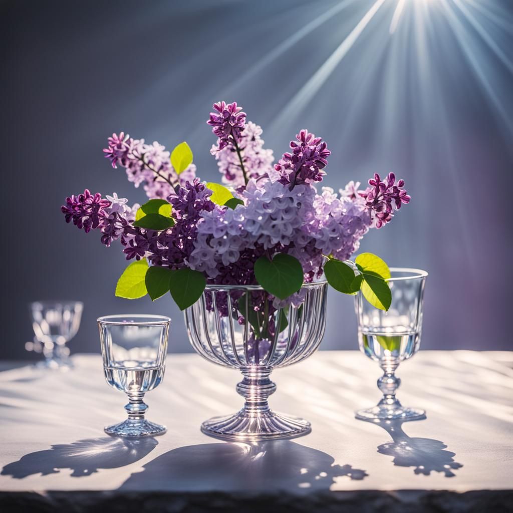 Lilac Branches in Crystal Goblet with Sunlight