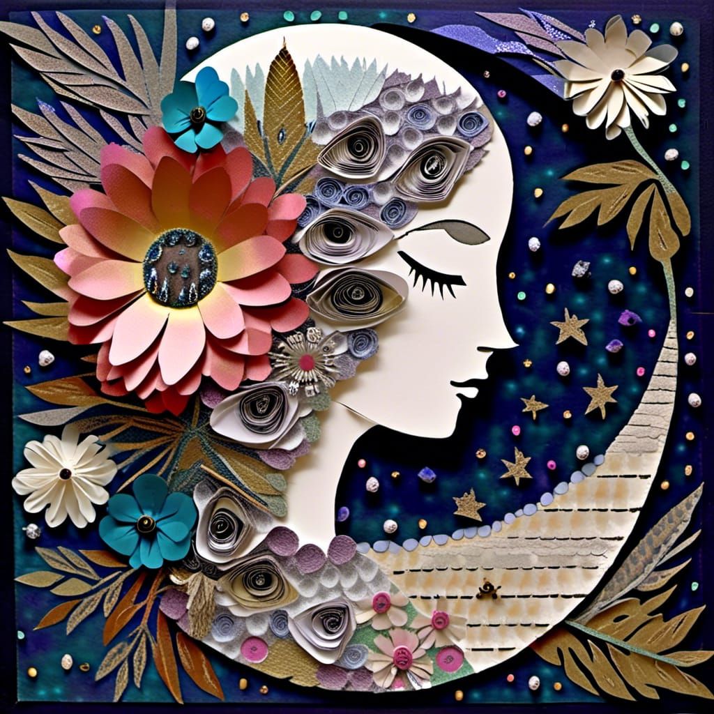 Moonlit Collage Portrait in Mixed Media Style
