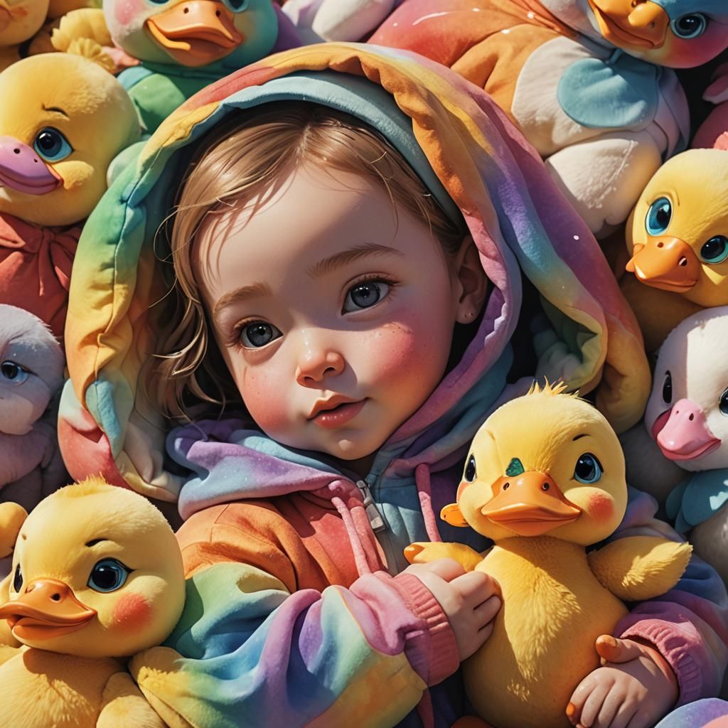 Cartoon Baby Girl Cuddling Duck with Watercolor Textures