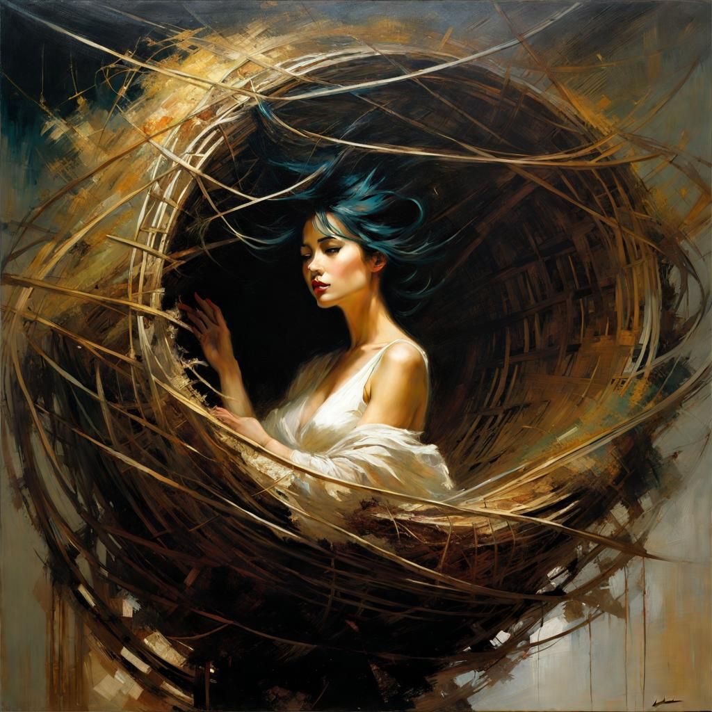 Woman in Crosshatched Nest: Chaotic Line Art