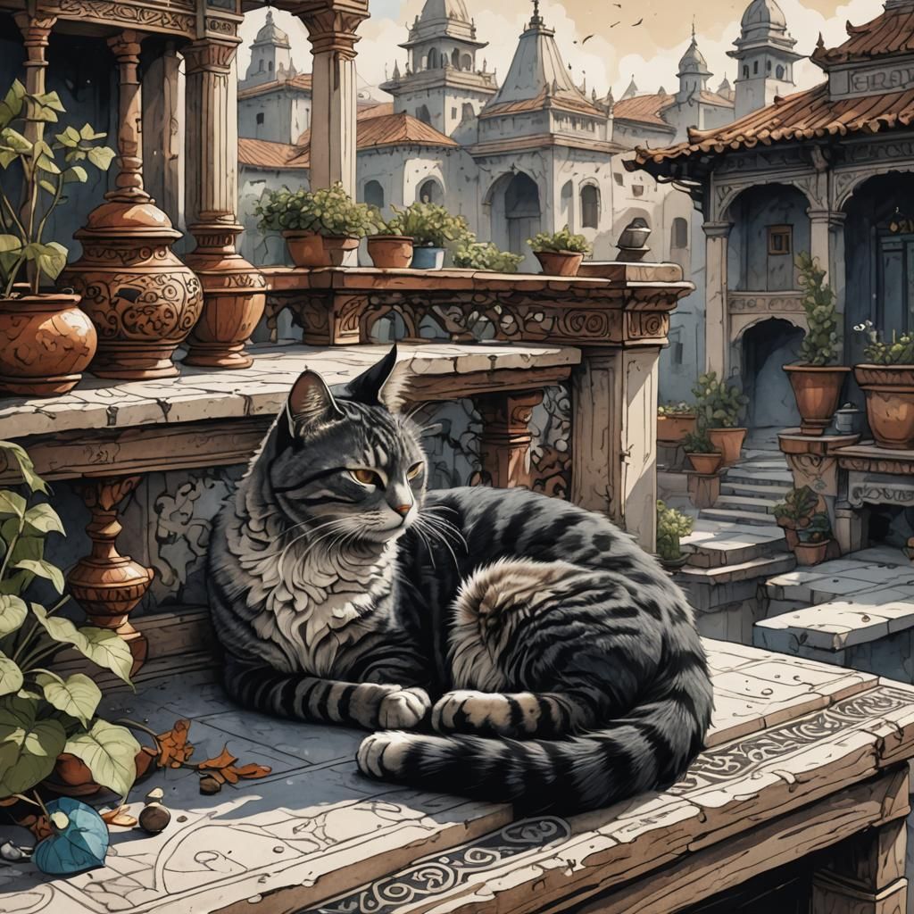 Cat Sleeping on Terrace: Indian Ink Drawing