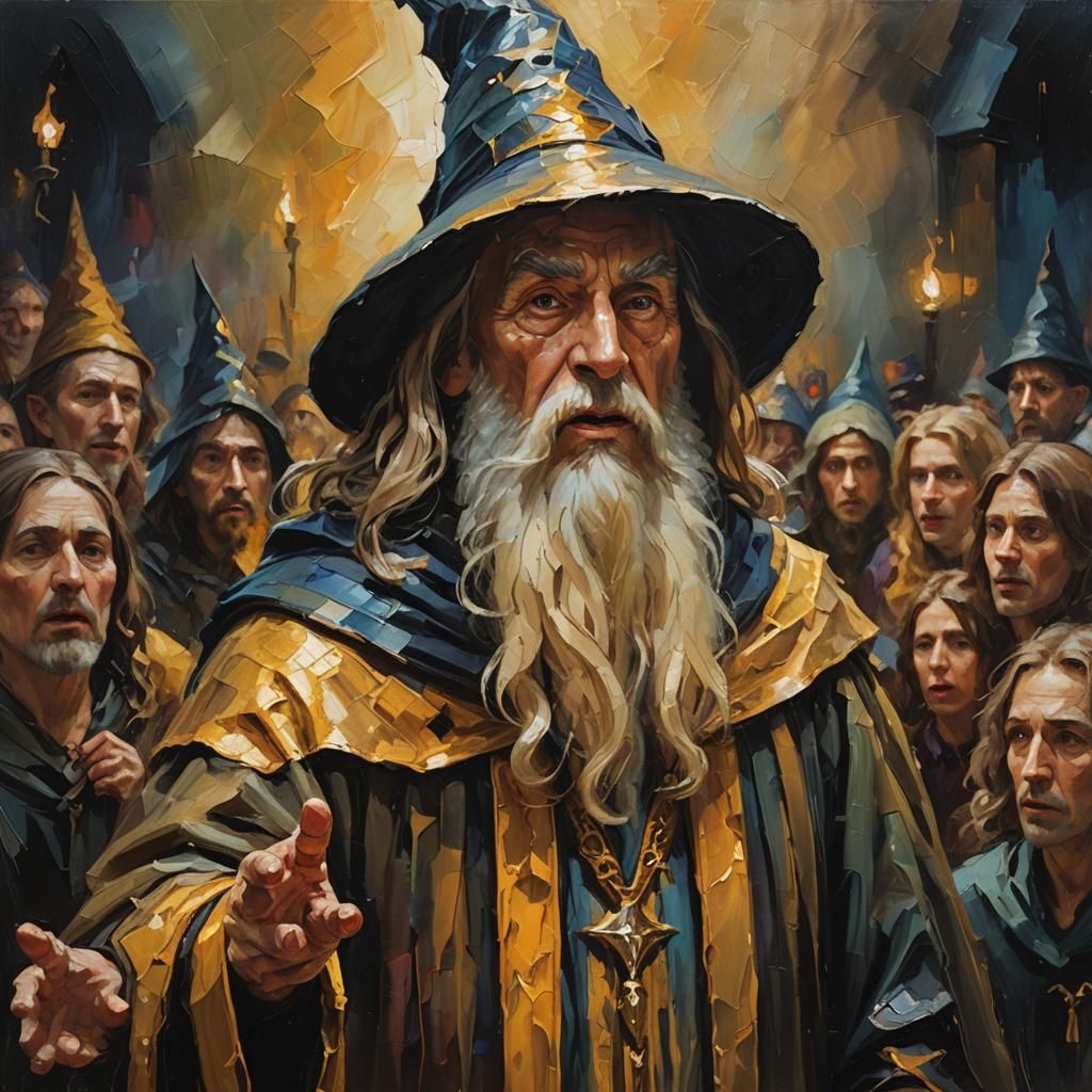 Wizard Speaking to Crowd: Expressionist Oil Painting