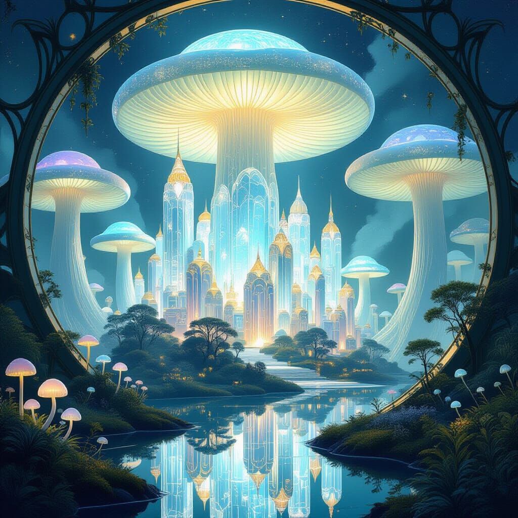 Crystal City in Bioluminescent Mushroom Field, Art Nouveau