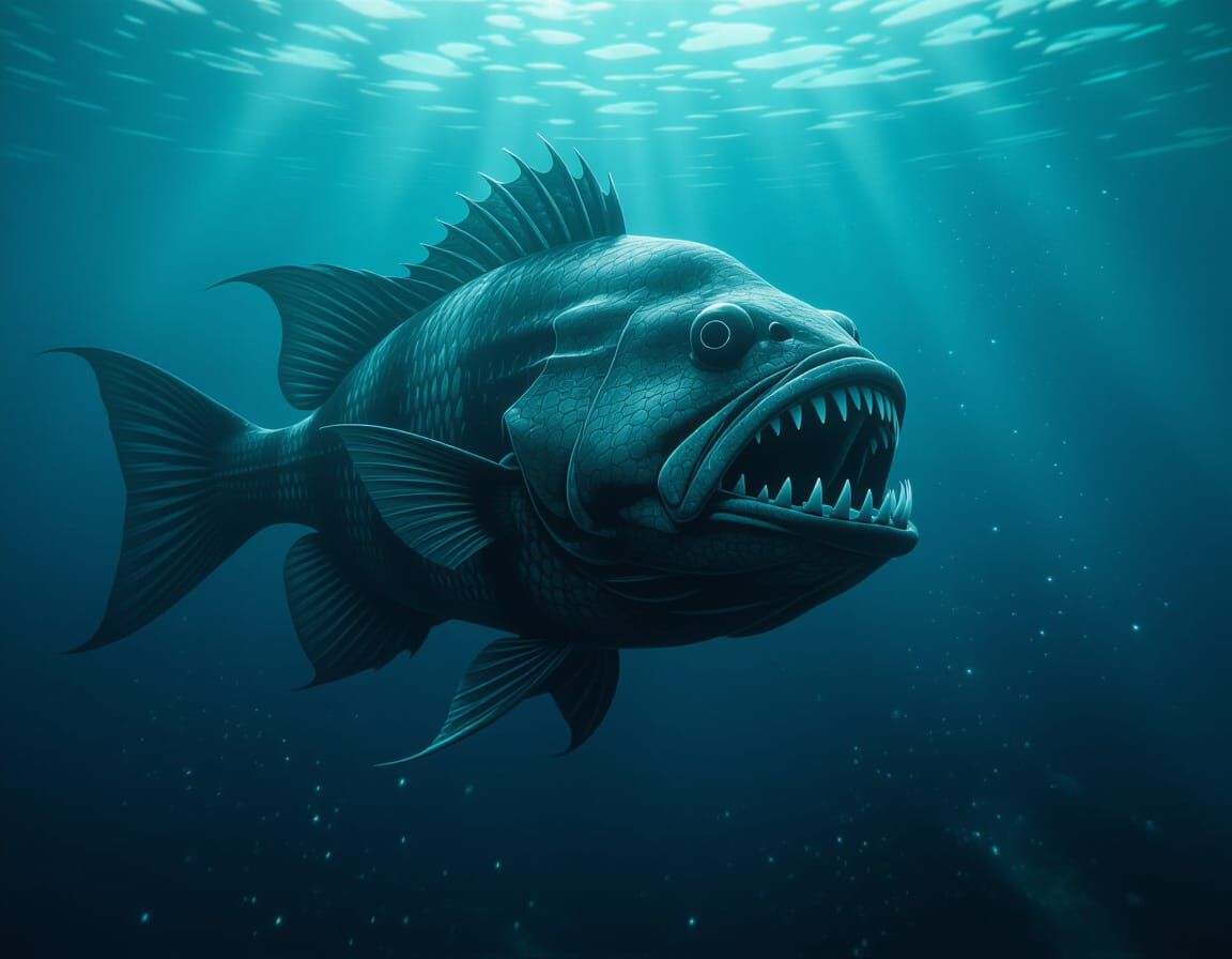 Photorealistic Deepsea Fangtooth Fish in Murky Ocean
