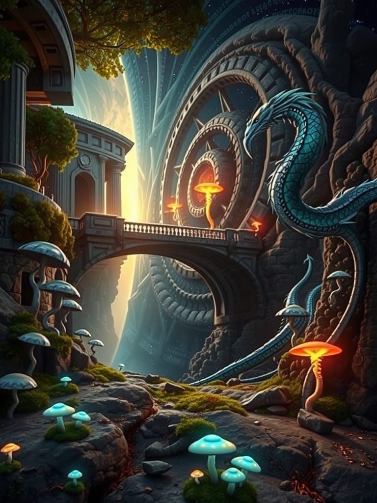 Ancient Meets Futuristic Bridge Over Chasm in Surreal Style