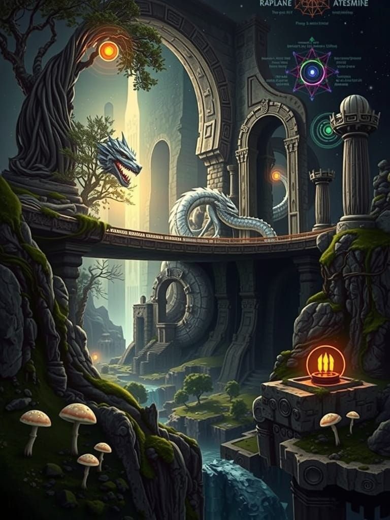 Colossal Bridge Between Ancient Ruins and Futuristic Code