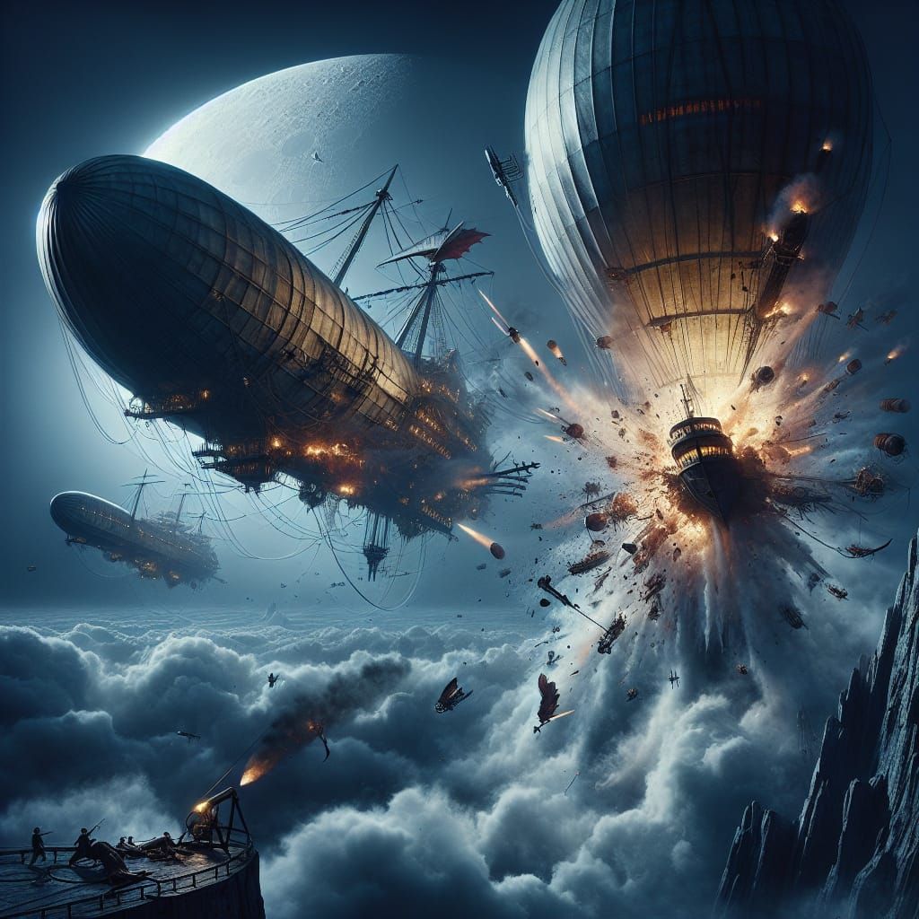 Fantasy Airship Battle in Moonlight