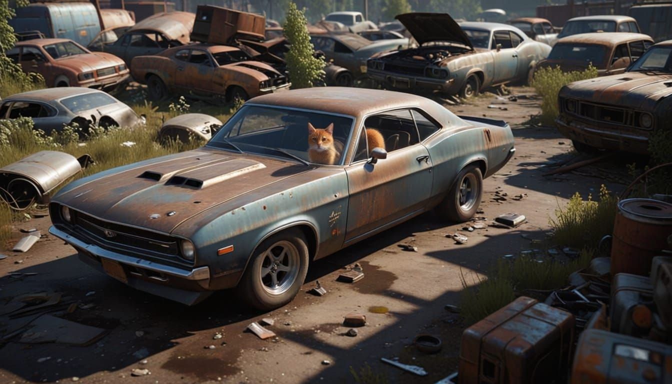 Muscle Car in Junkyard, Epic 3D Game Cinematic Style