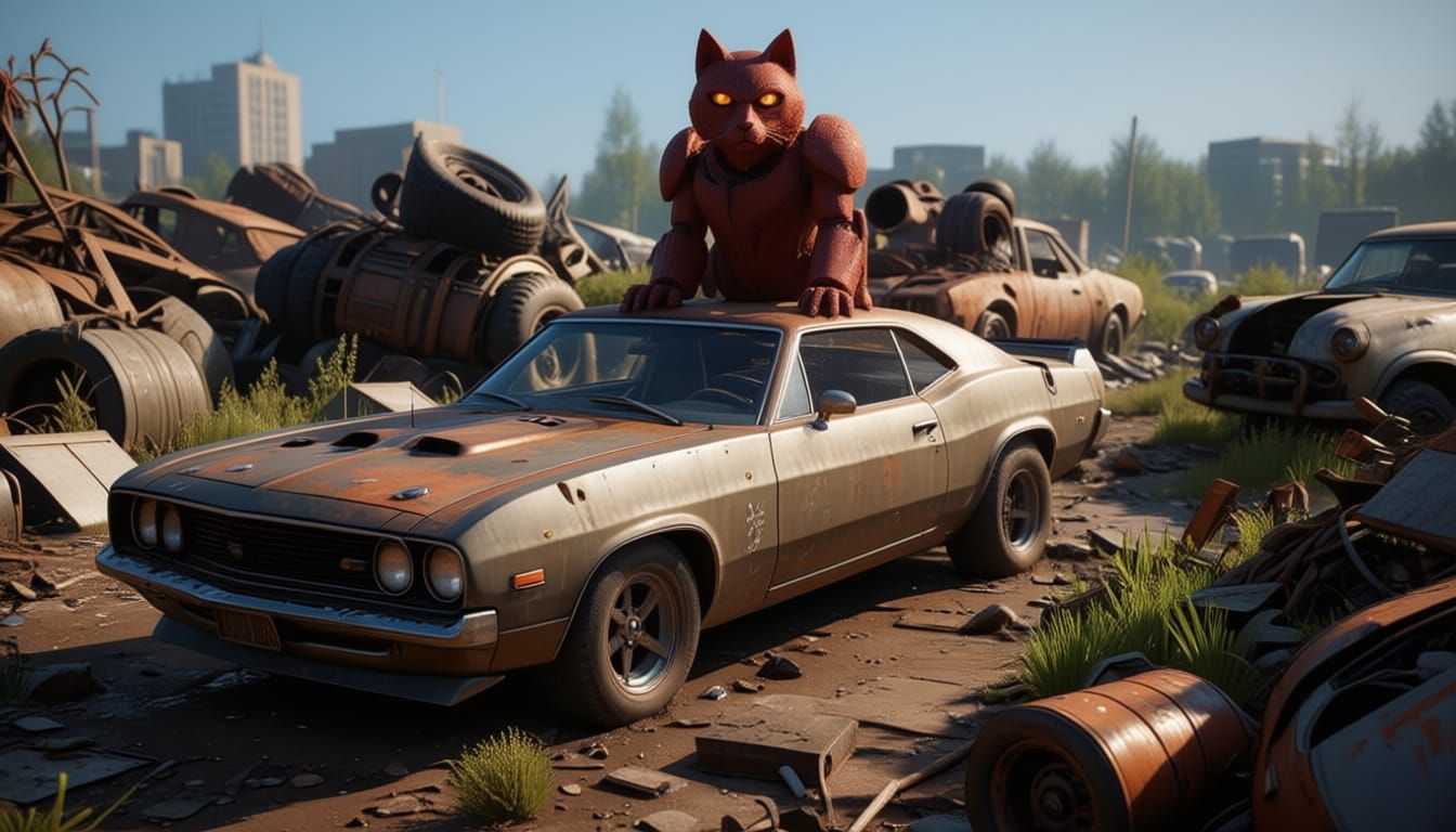 Muscle Car in Junkyard 3D Game Cinematic Style