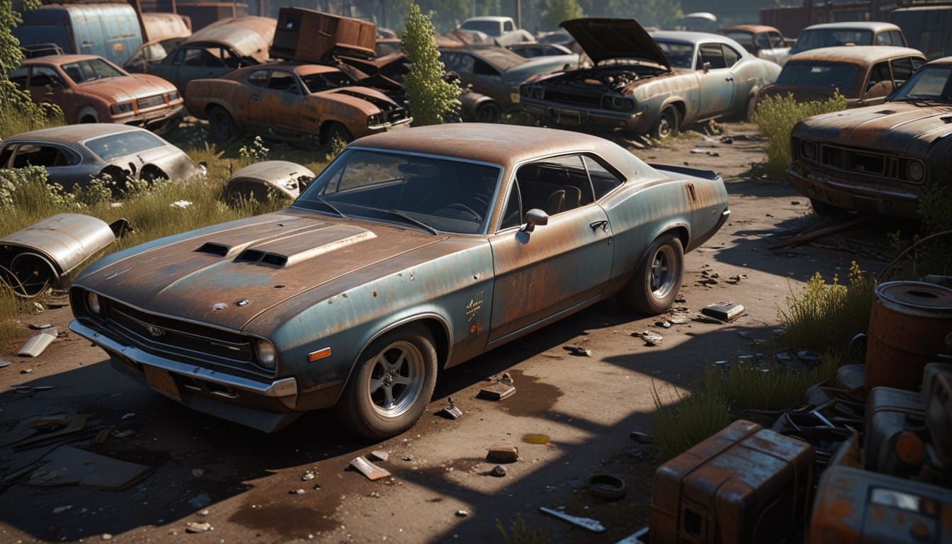 Old Muscle Car in Junkyard Cinematic