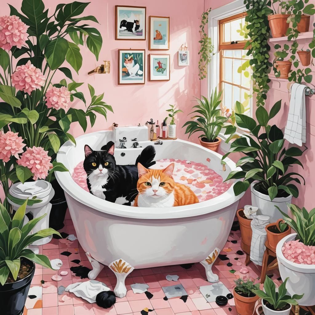 Cats in a Cottage-Core Bathroom Illustration