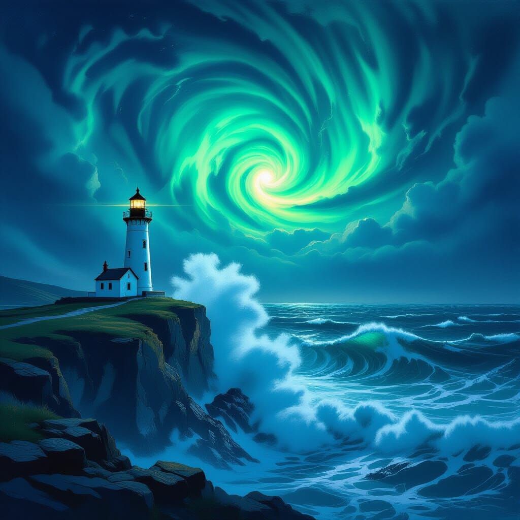 Lighthouse on Craggy Cliff Under Aurora Borealis Sky