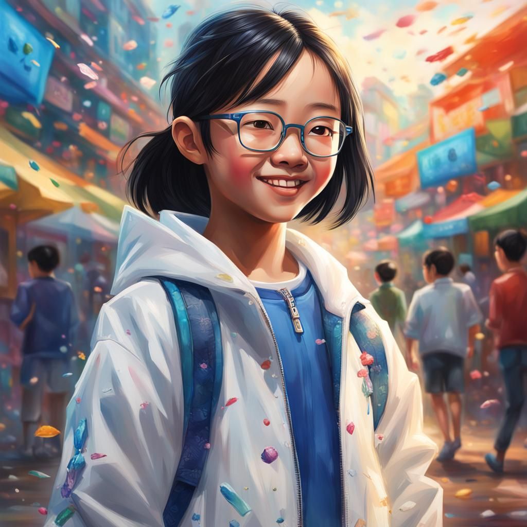 Smiling Chinese Girl in Hyperrealistic Splash Art