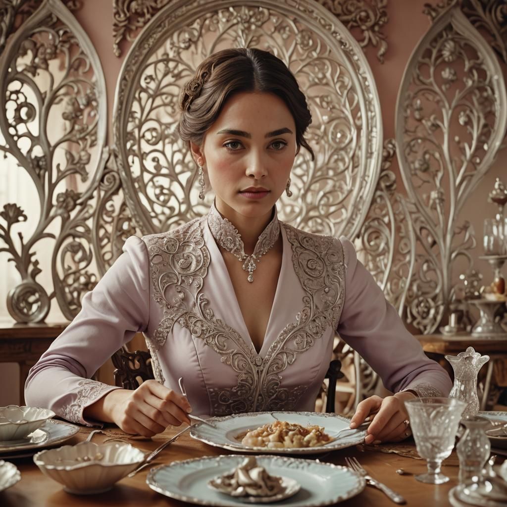 Woman at Teardrop Dining Table in Natural Style