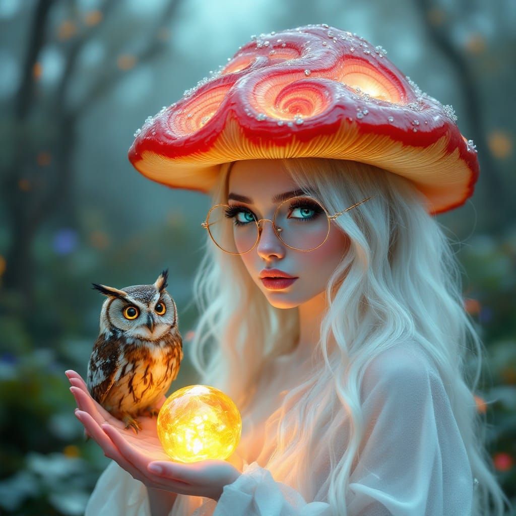 Ethereal Woman with Mushroom Headdress and Crystal Ball