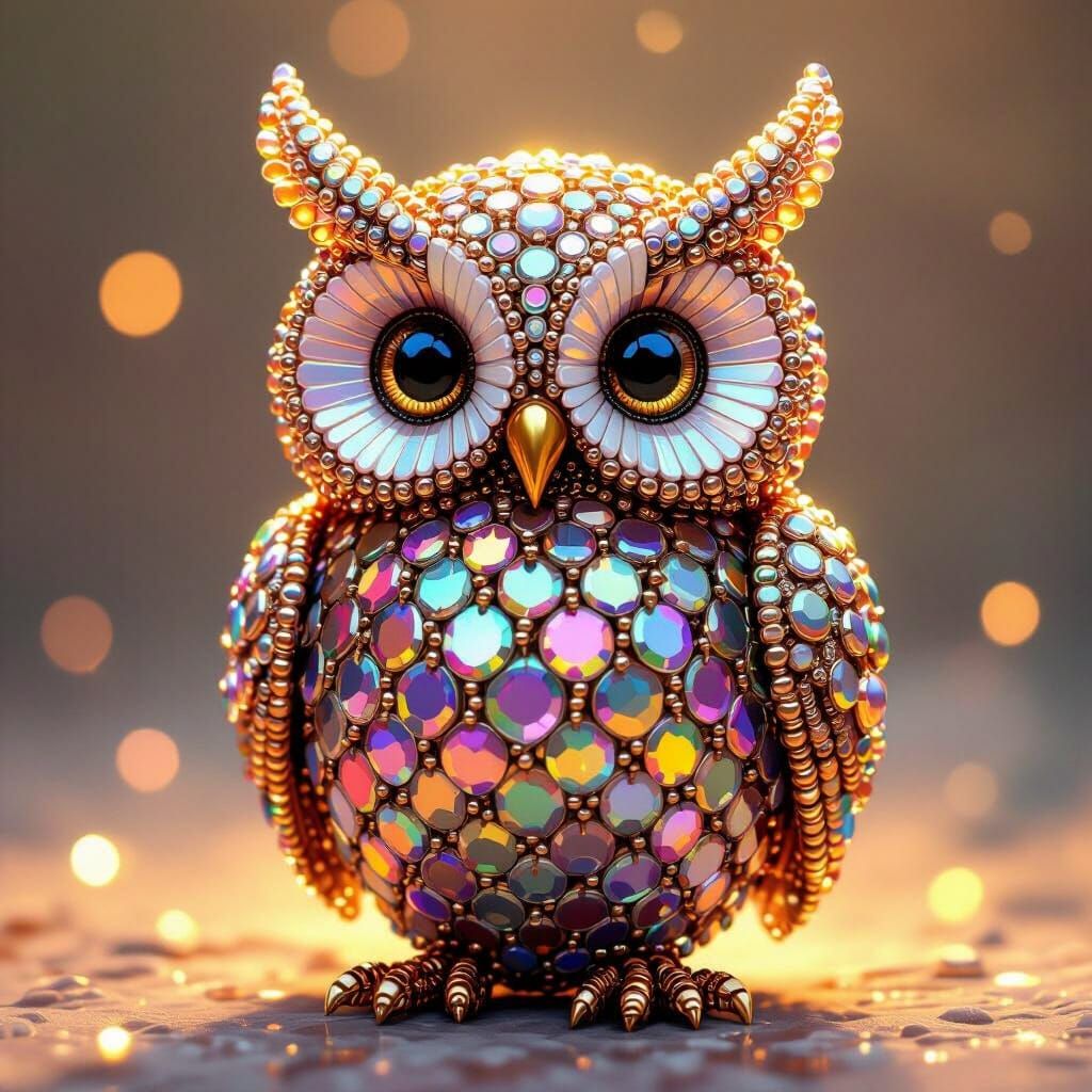 Iridescent Beaded Owl in Whimsical Digital Art Style