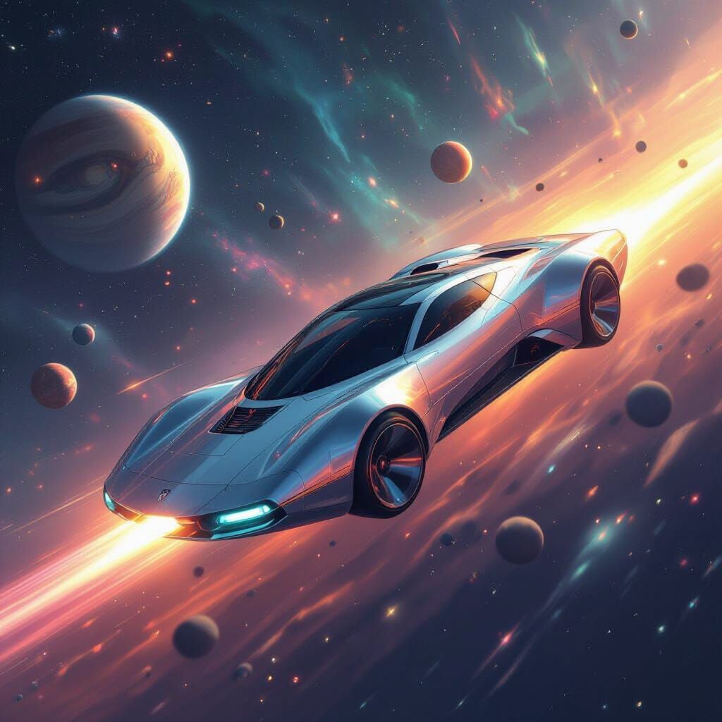 Car Soaring Through Galaxy in Futuristic Style