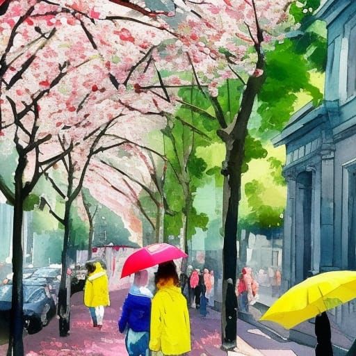 City in Spring with Cherry Blossoms, Gouache Style