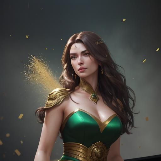 Extremely beautiful, woman with long, wavy, brown hair, big,...