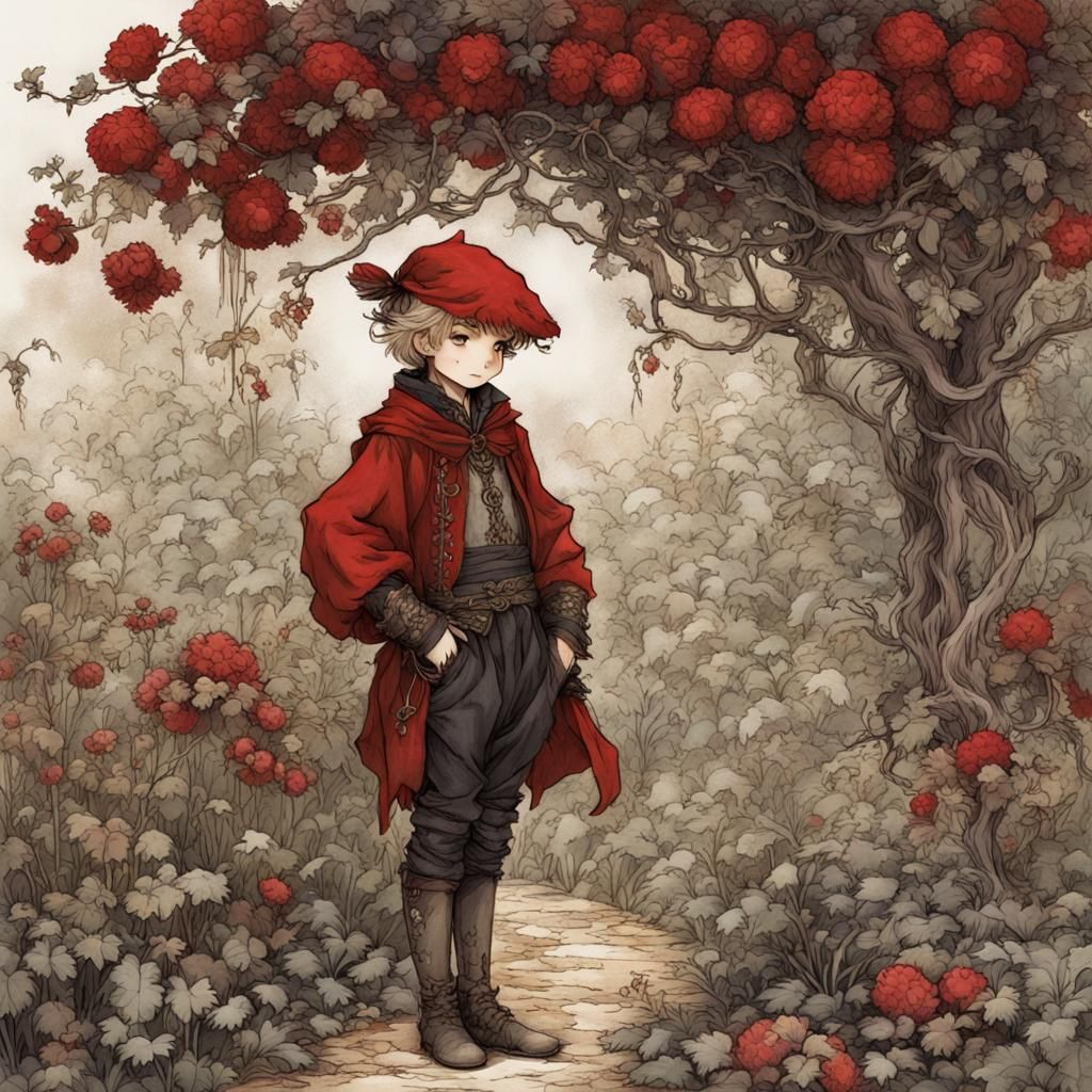 Medieval Boy in Garden, Arthur Rackham Anime Style