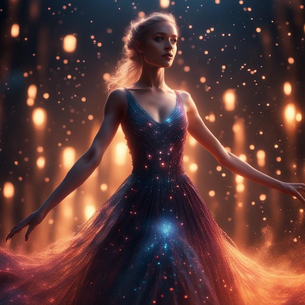 Ballerina in Glowing Dress with Magic Particles