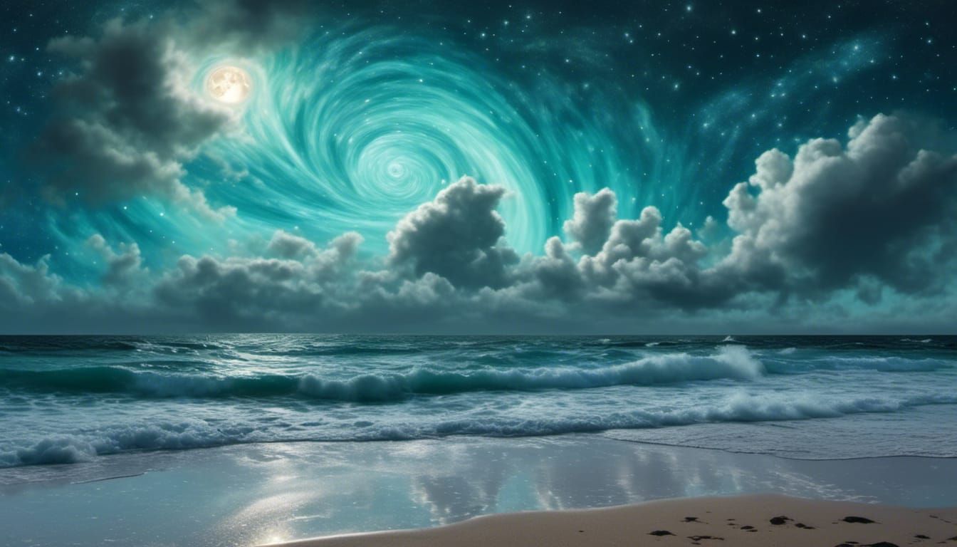 Mystical Ocean at Night with Galactic Clouds