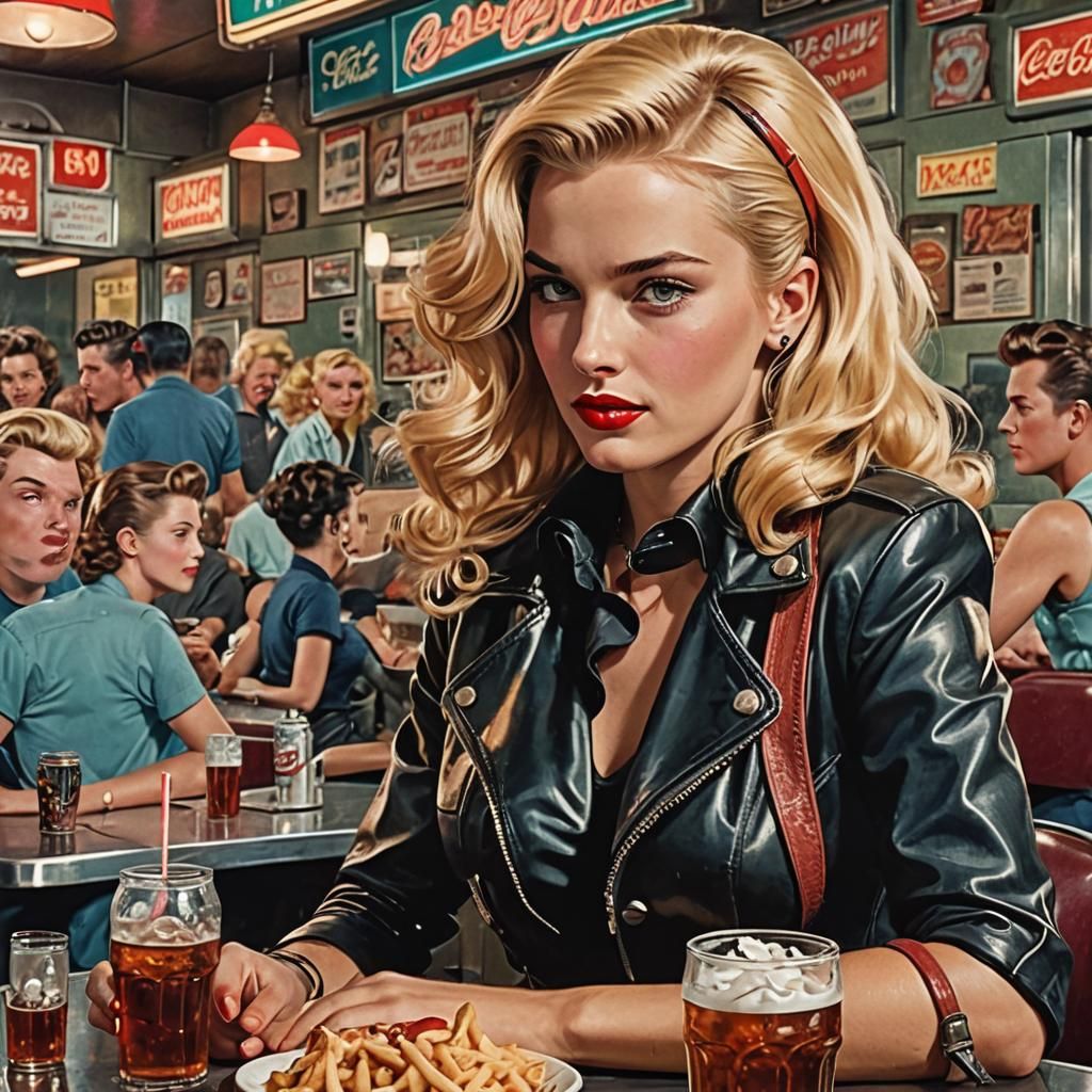 Beautiful Woman in 1945 Diner, Cinematic Film Still