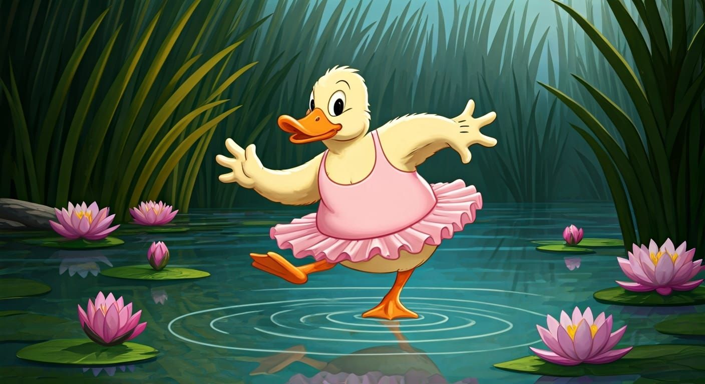 Awkward Duckling's Ballet Debut: Hand-Drawn Cartoon