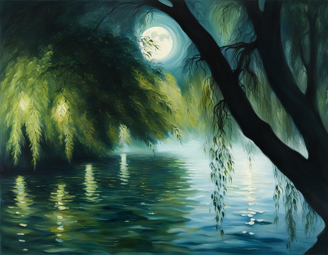 Moonlit Weeping Willow: An Impressionist Lakeside Painting