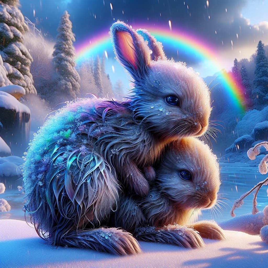 Baby Bunnies Snuggle Warm in Snowy Rainbow Landscape