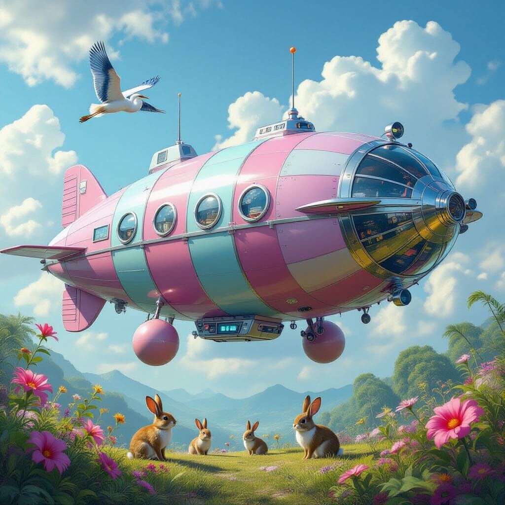 Pink Airship Over Tropical Habitat