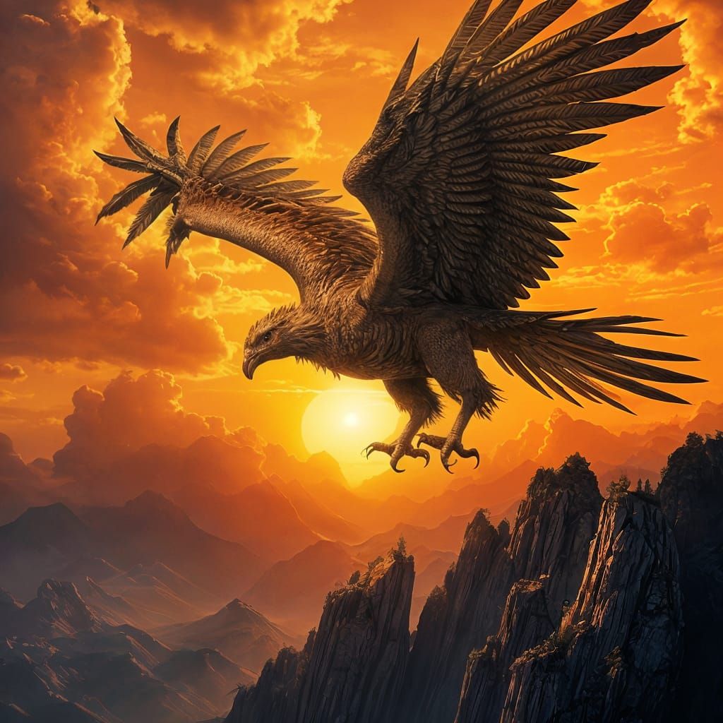 Griffin Soaring at Sunset: Fantasy Art