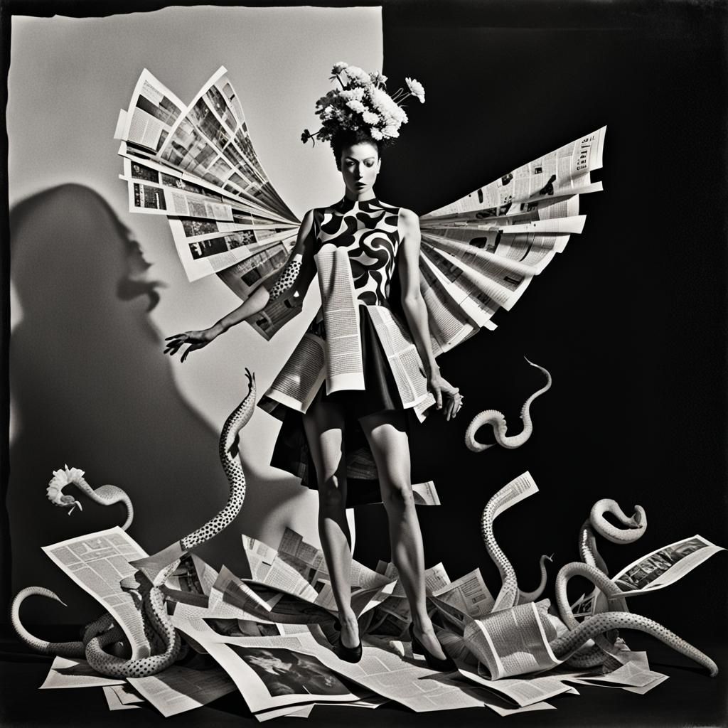 Surrealist Photogram Collage with Winged Serpents